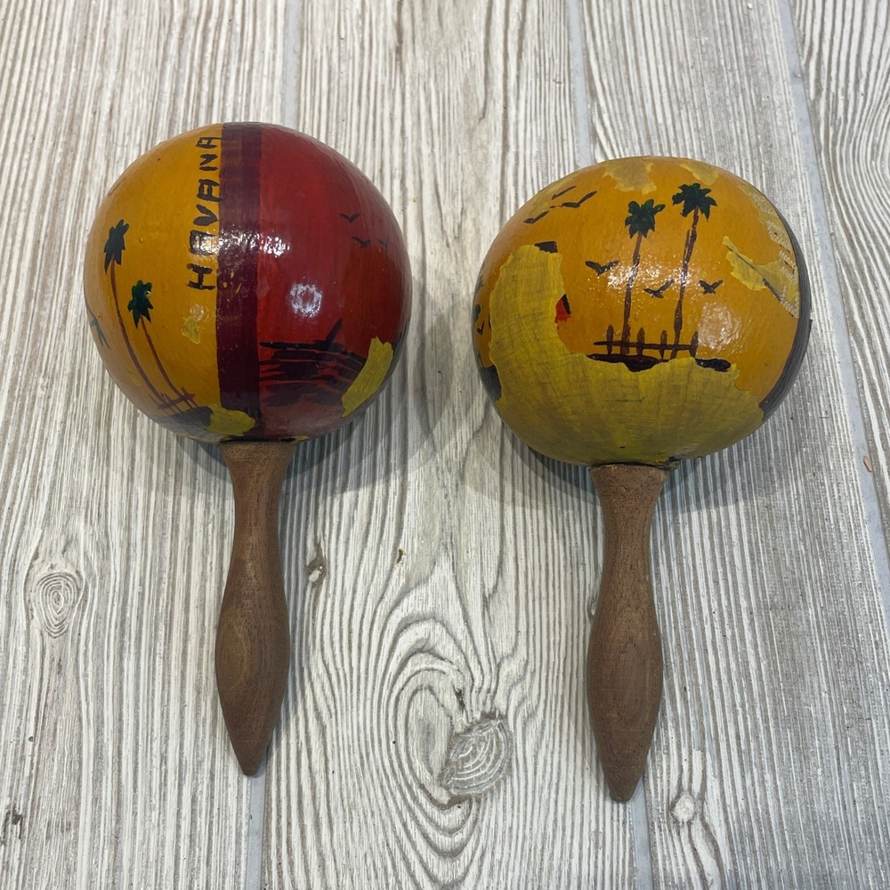 Vintage Havana Cuba Hand Painted Wooden Maracas Set Tropical Folk Art Shakers